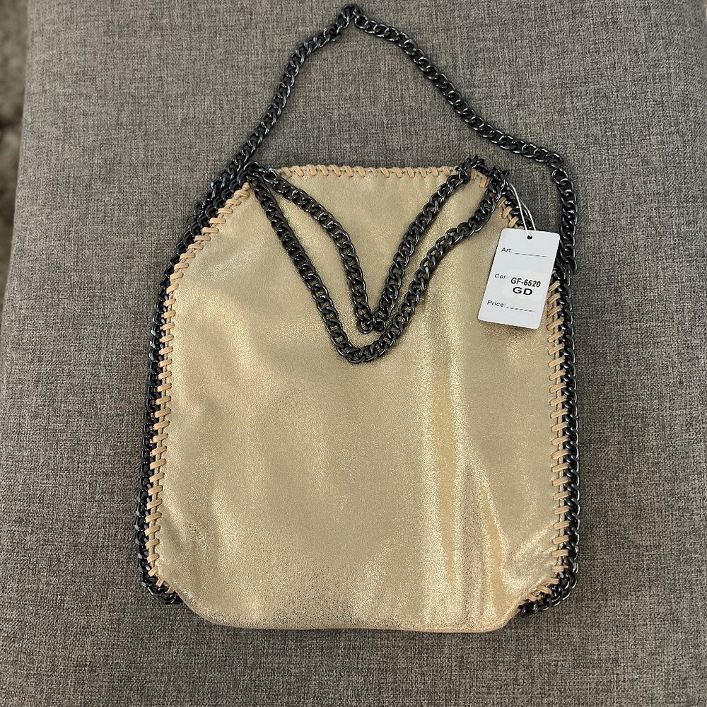 Champagne/Gold Three Chain Vegan Leather Tote Bag